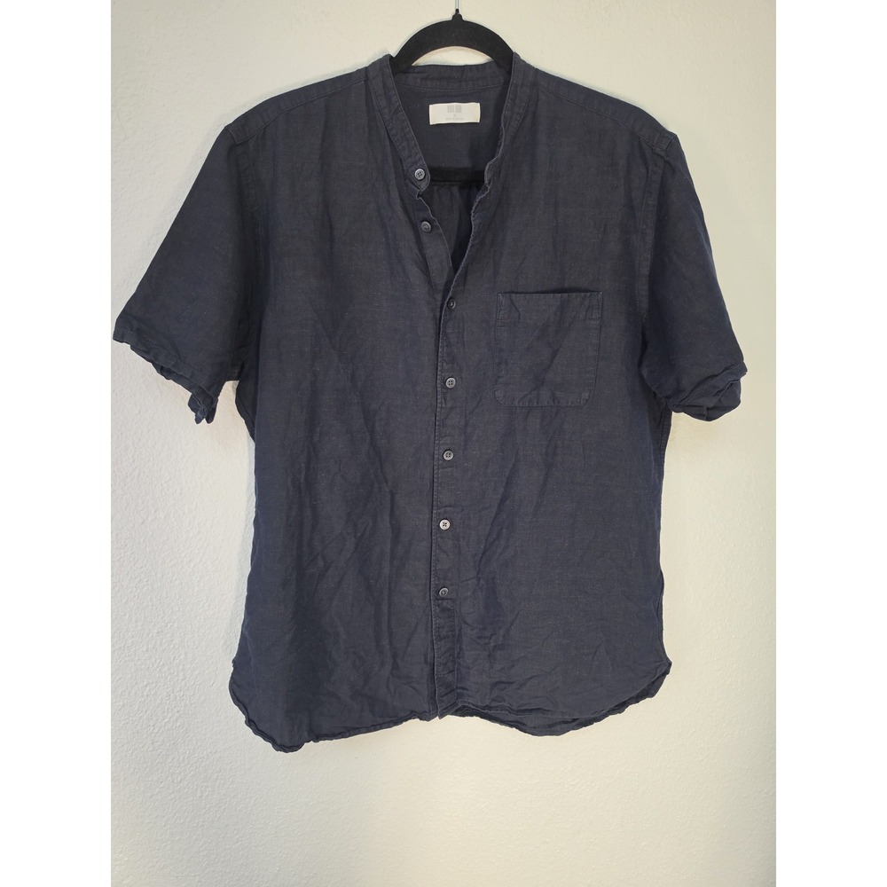 Uniqlo Men M Linen Cotton Blend Short Sleeve Collared Shirt Dark Blue Casual